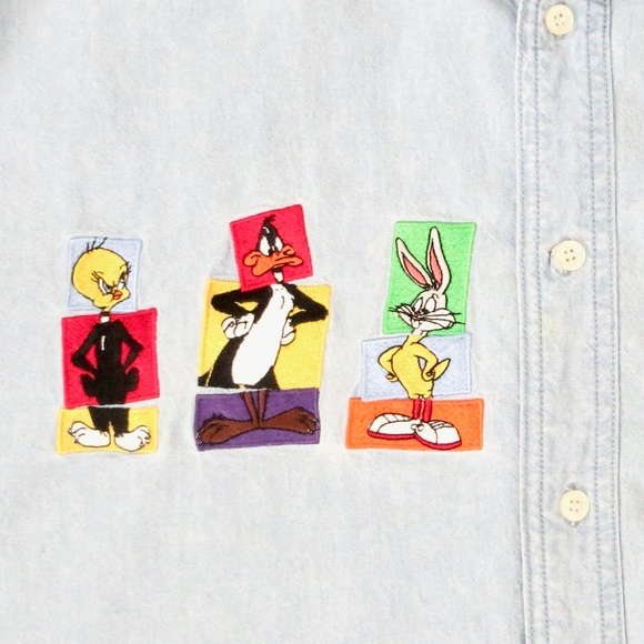 VINTAGE 90's Warner Bros Looney Tunes Chambray Shirt Embroidered Button Front XL - Picture 8 of 10